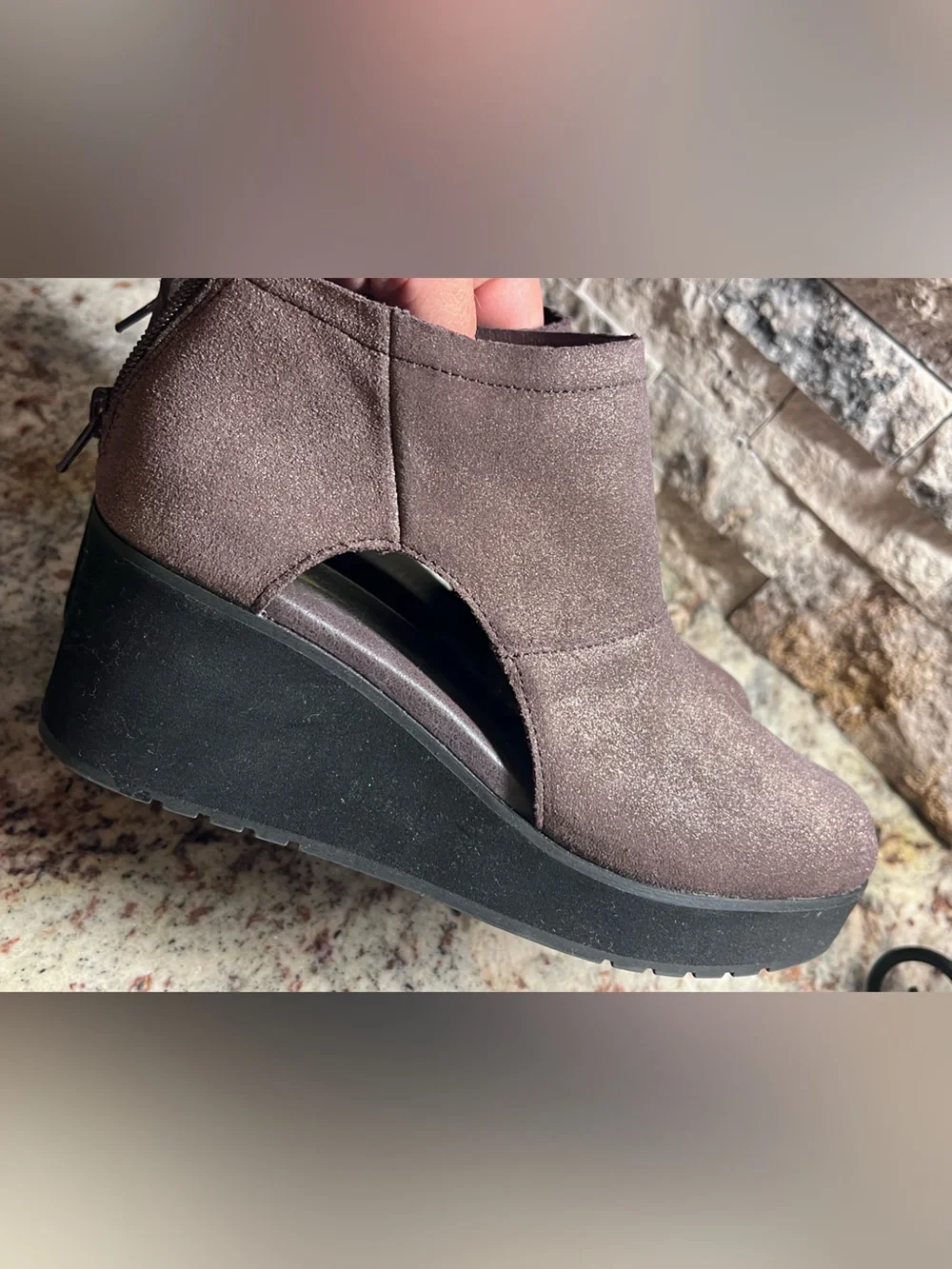 Size 6.5- Volatile brown suede metallic wedge- new